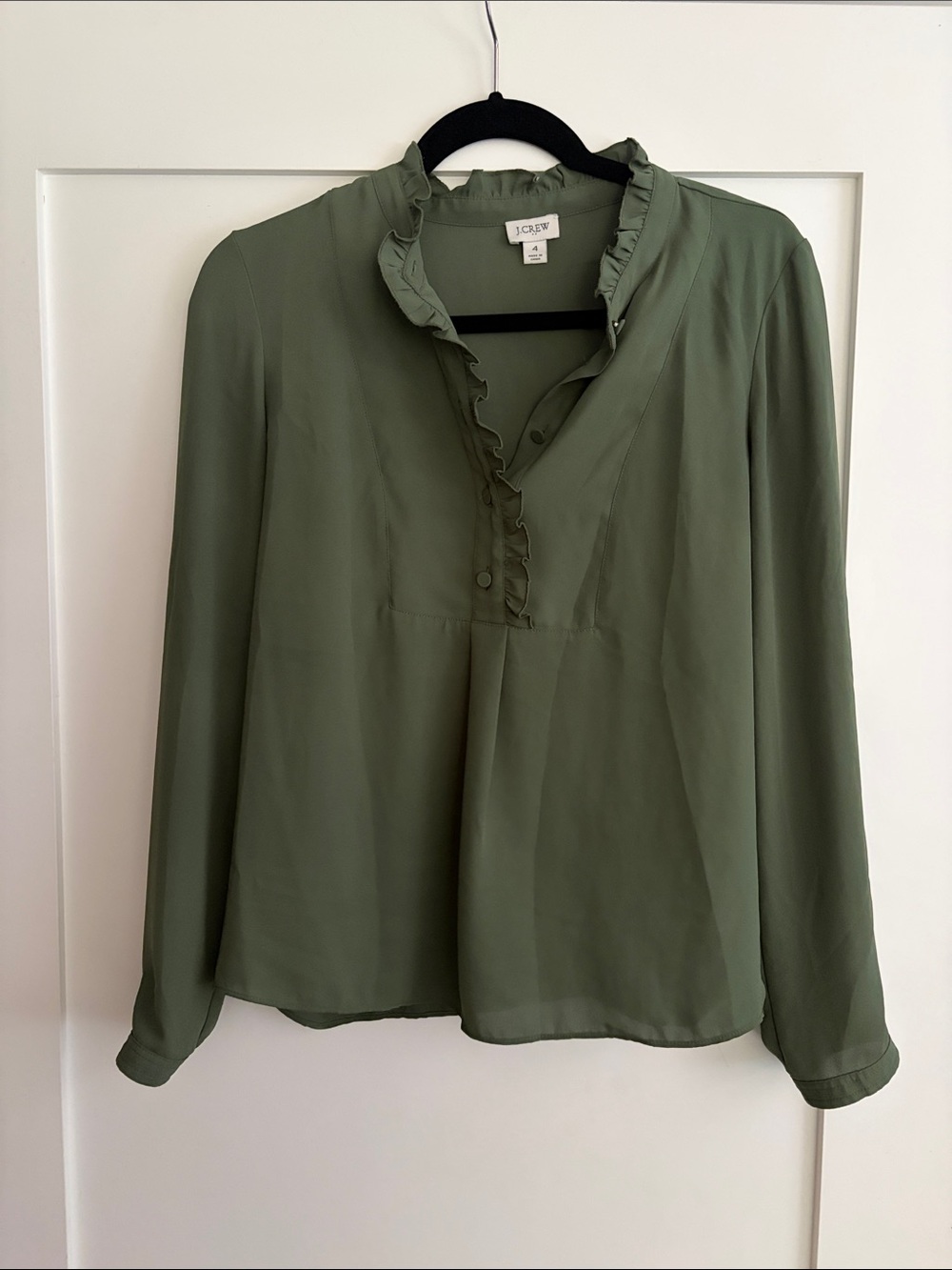 J. Crew Olive Ruffle V-Neck Long-Sleeve Blouse